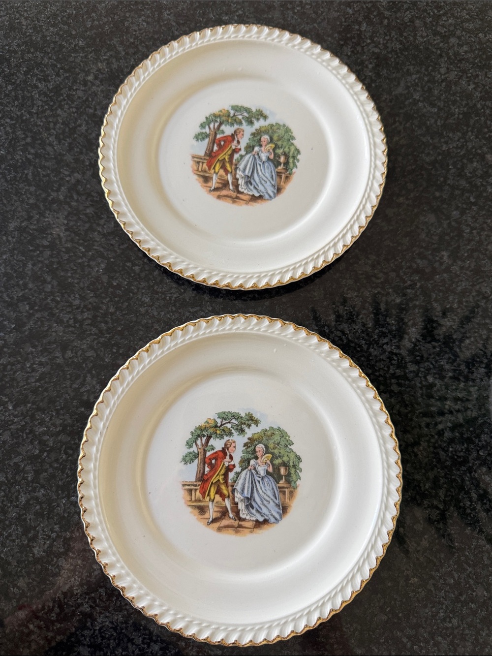 Vintage Harker Pottery 22K Gold Courting Couple Plates – Set of 2